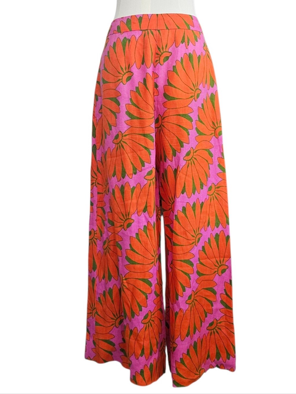 FARM Rio Pink Wide-Leg Linen Floral Trousers with Orange Blooms M - Picture 4 of 9